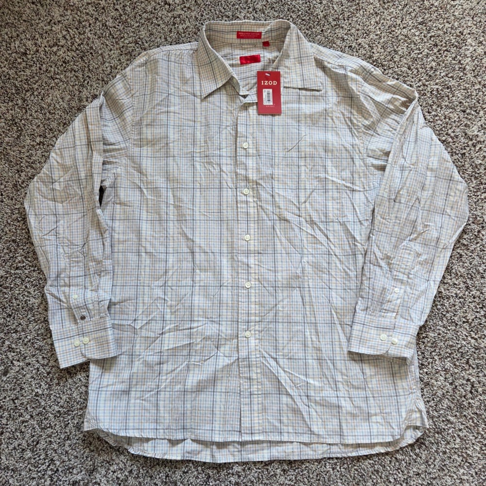 IZOD Luxury Sport Mens Large Plaid Button Down Shirt 80s 2-Ply Cotton Tan NWT